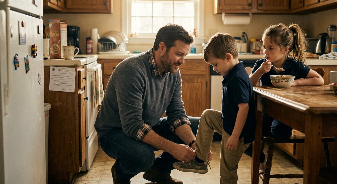 A client tying his son's shoe on a weekday morning