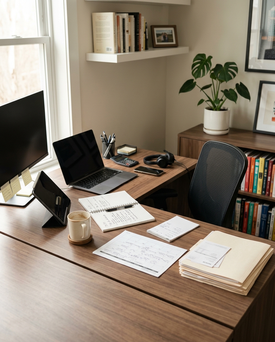 Her desk mid-shift — folders, invoices, notes